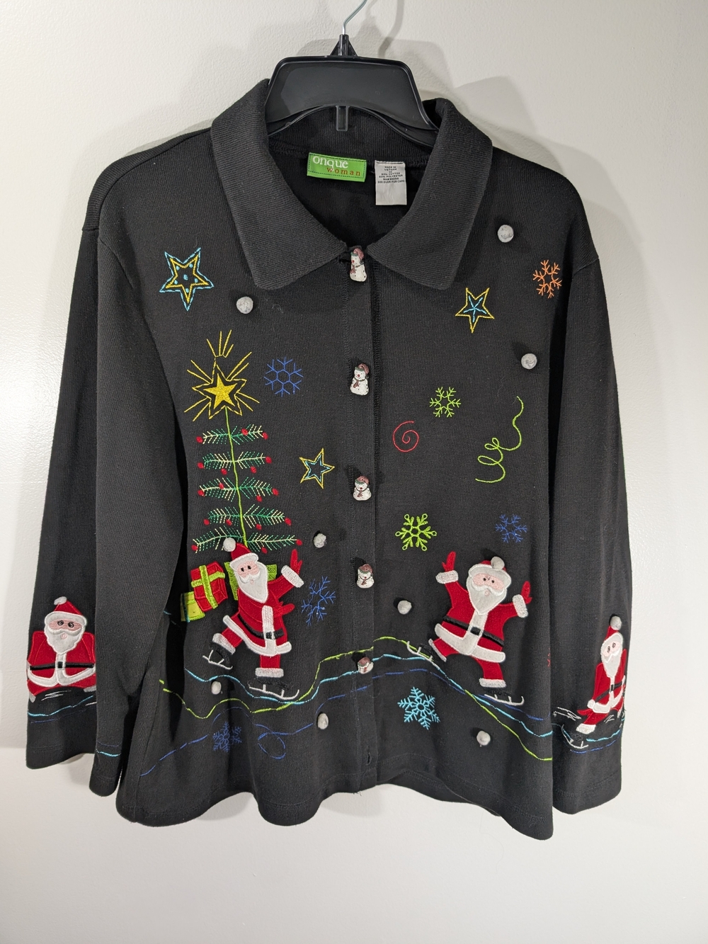 Onque Woman's Christmas Sweater Embroidered Santa, Trees